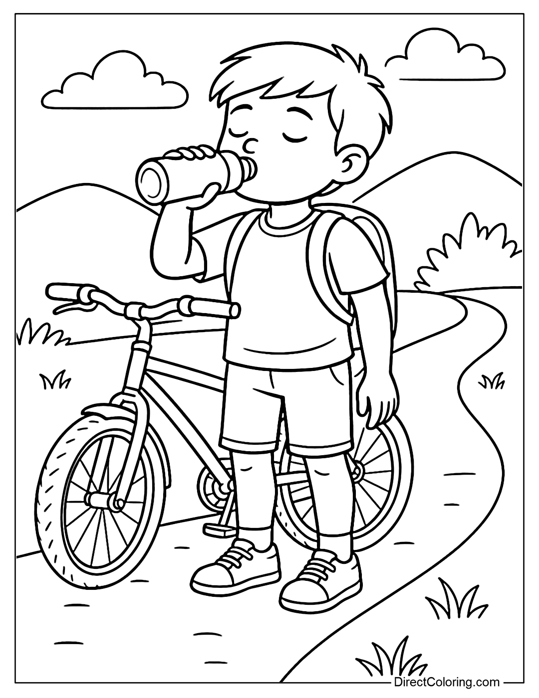 Coloring page of a boy parking his bike, standing and drinking water after a long ride.